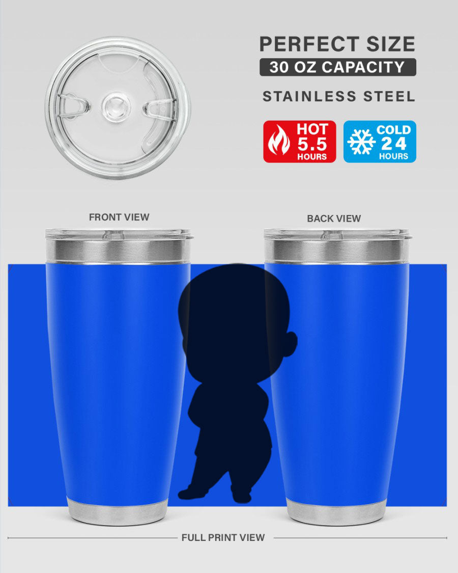 Black boy 21# tumbler in 20oz and 30oz sizes, showcasing double wall vacuum stainless steel design with a drink-thru lid.