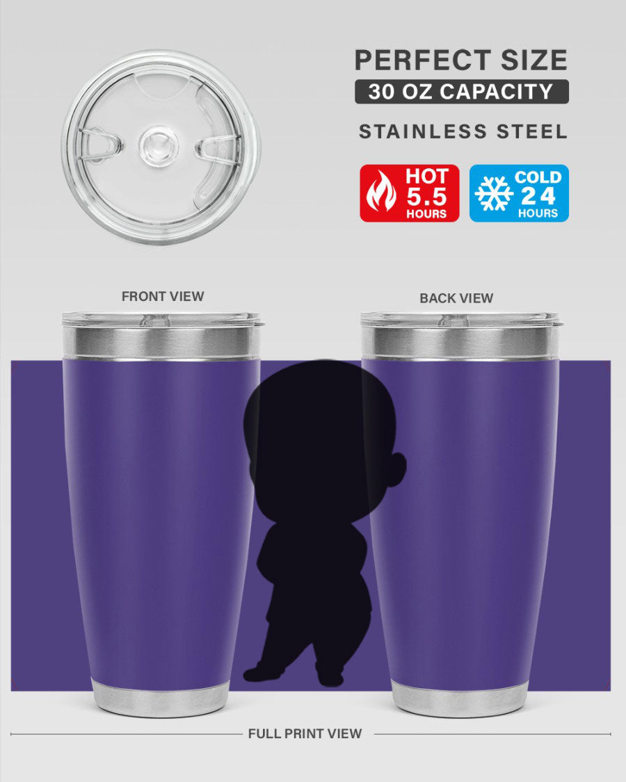 Black boy 21# tumbler in 20oz and 30oz sizes, showcasing double wall vacuum stainless steel design with a drink-thru lid.