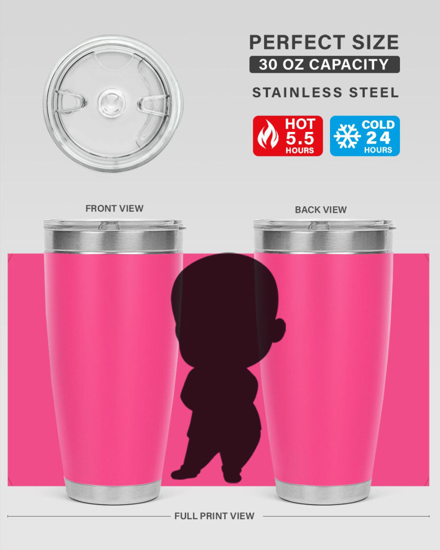 Black boy 21# tumbler in 20oz and 30oz sizes, showcasing double wall vacuum stainless steel design with a drink-thru lid.