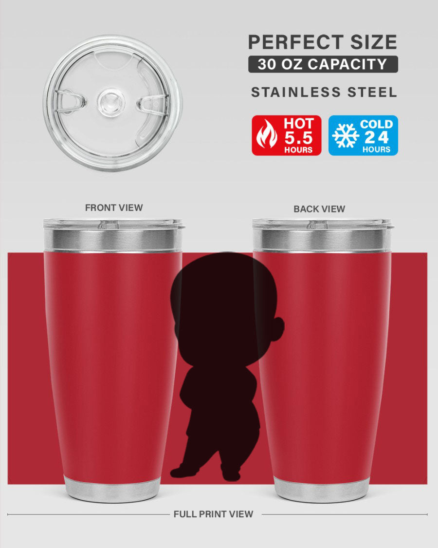 Black boy 21# tumbler in 20oz and 30oz sizes, showcasing double wall vacuum stainless steel design with a drink-thru lid.