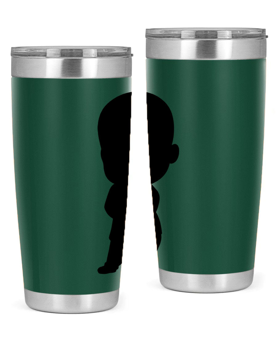 Black boy 21# tumbler in 20oz and 30oz sizes, showcasing double wall vacuum stainless steel design with a drink-thru lid.