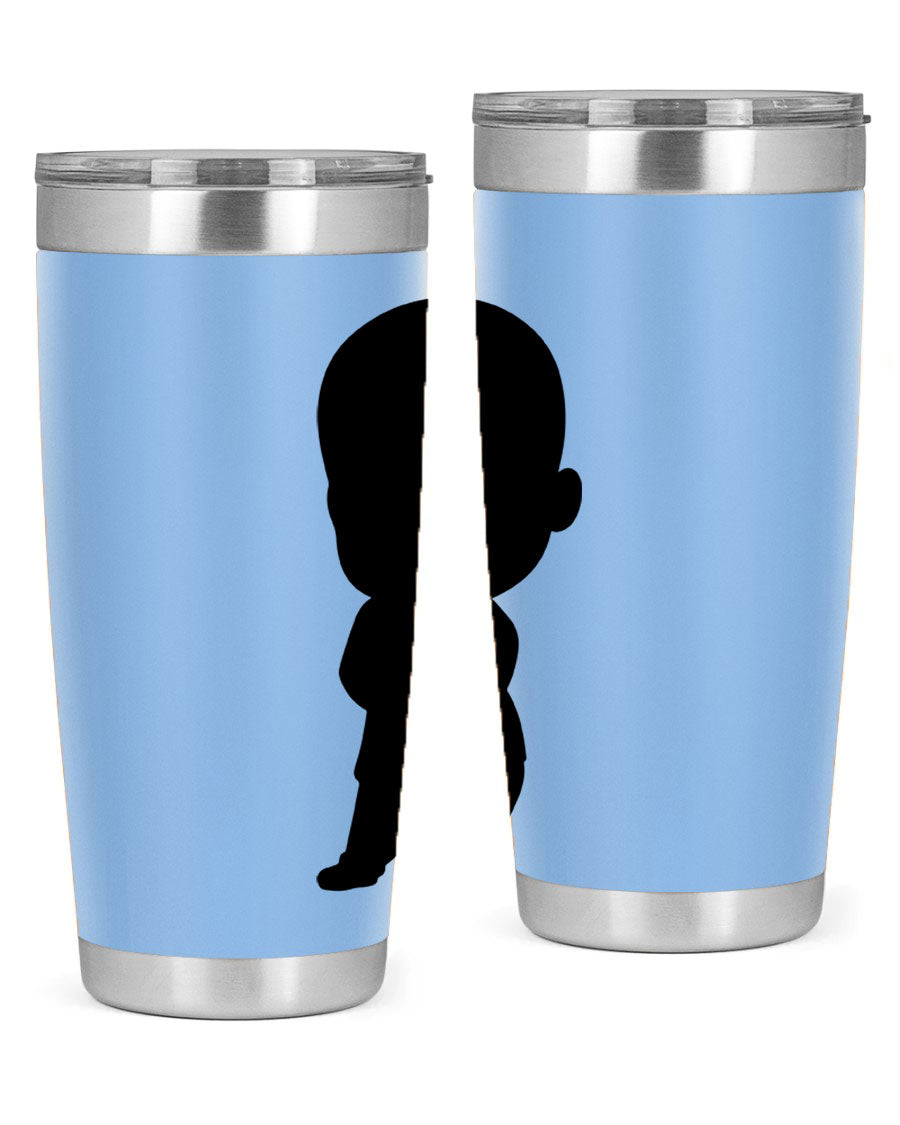 Black boy 21# tumbler in 20oz and 30oz sizes, showcasing double wall vacuum stainless steel design with a drink-thru lid.