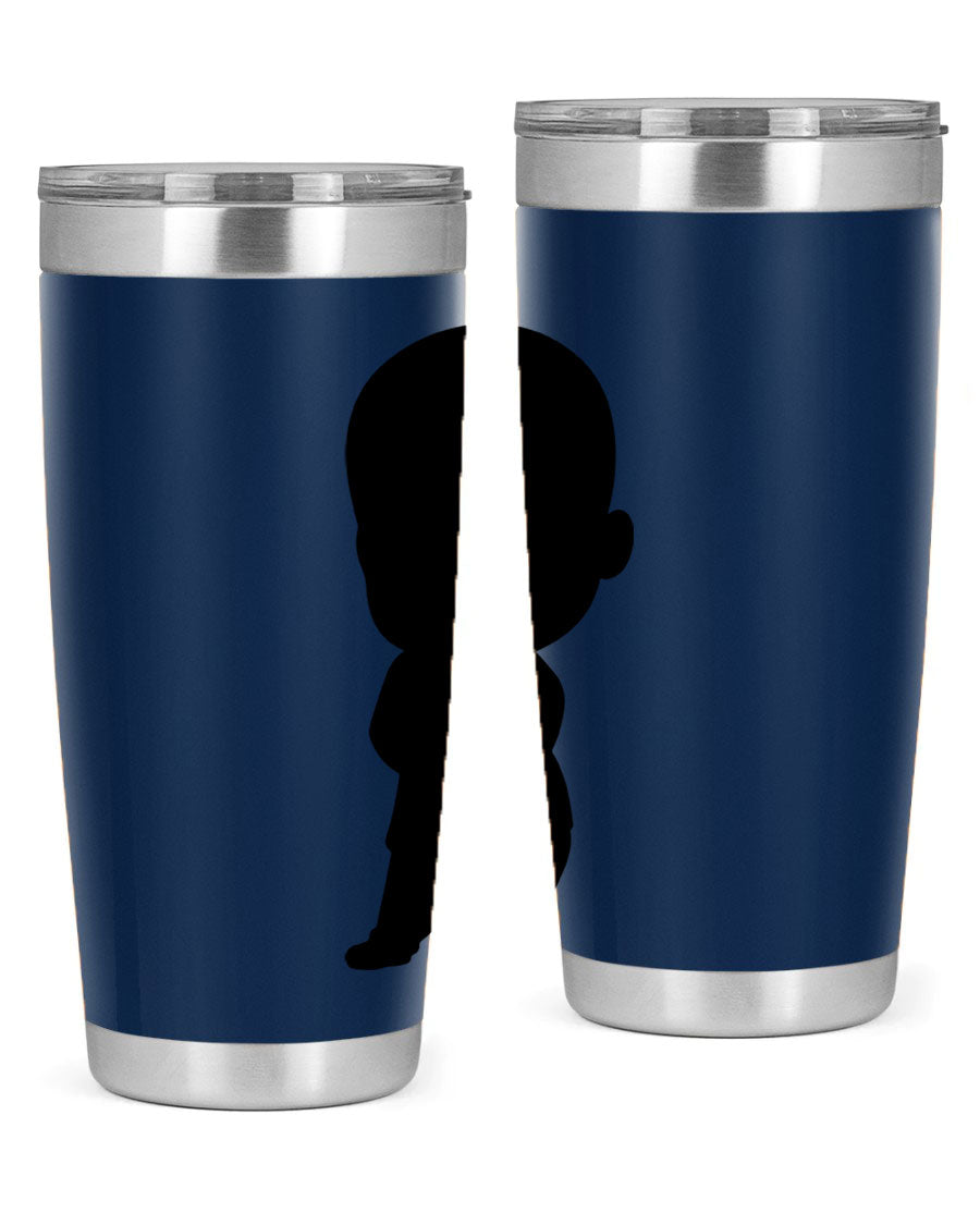 Black boy 21# tumbler in 20oz and 30oz sizes, showcasing double wall vacuum stainless steel design with a drink-thru lid.