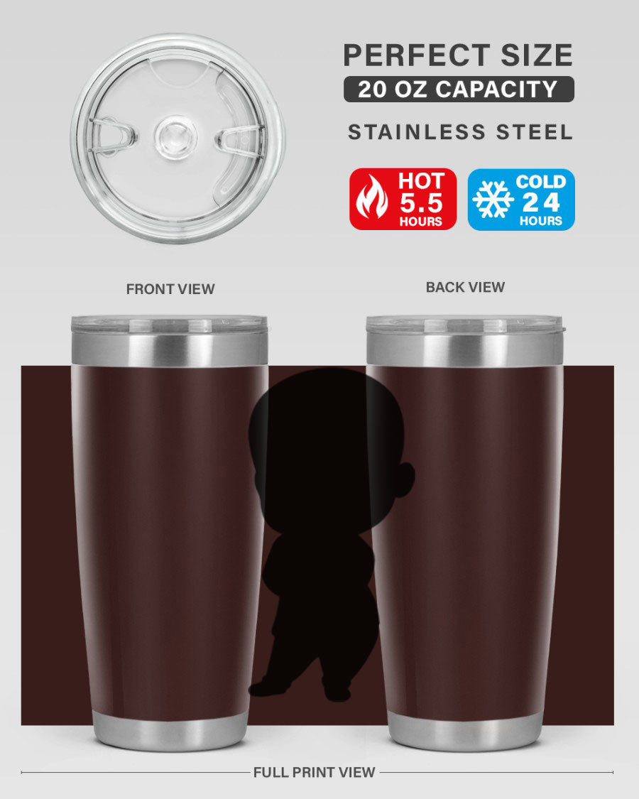 Black boy 21# tumbler in 20oz and 30oz sizes, showcasing double wall vacuum stainless steel design with a drink-thru lid.