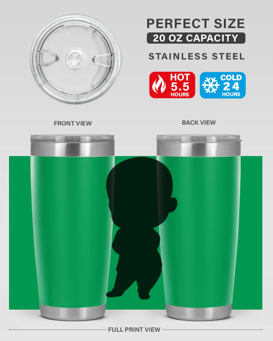 Black boy 21# tumbler in 20oz and 30oz sizes, showcasing double wall vacuum stainless steel design with a drink-thru lid.