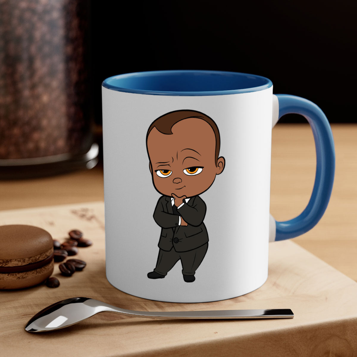 Black boy 8# Mug featuring a two-tone design with a colored handle and glossy finish, available in multiple colors and sizes.