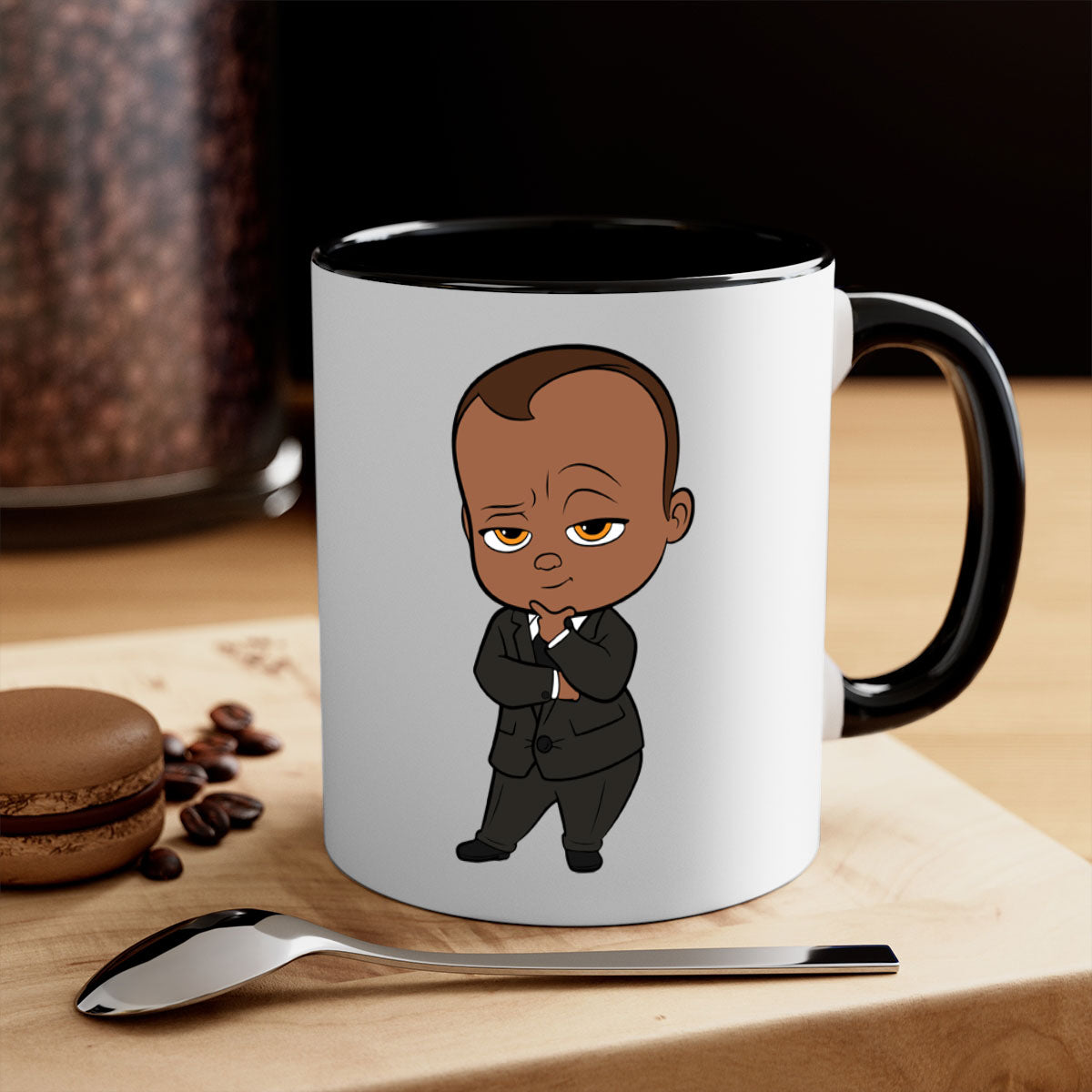 Black boy 8# Mug featuring a two-tone design with a colored handle and glossy finish, available in multiple colors and sizes.