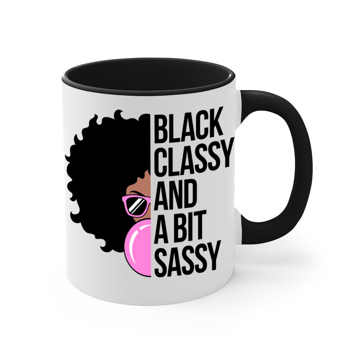 A stylish black classy and a bit sassy mug featuring a glossy finish, colored handle, and interior, perfect for coffee and tea.