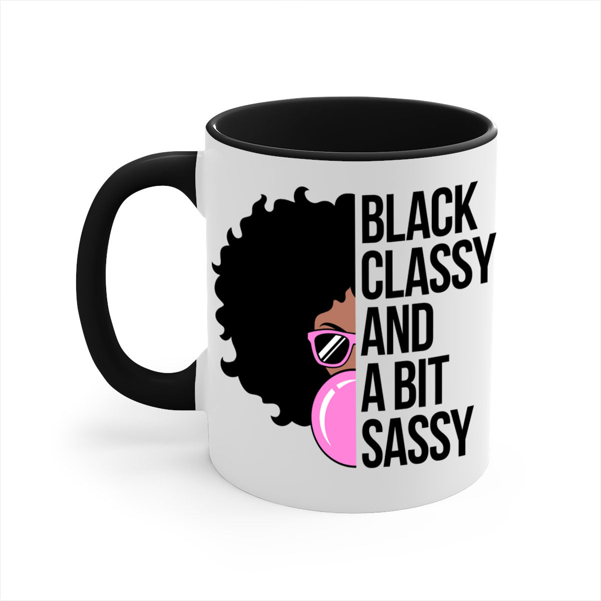 A stylish black classy and a bit sassy mug featuring a glossy finish, colored handle, and interior, perfect for coffee and tea.