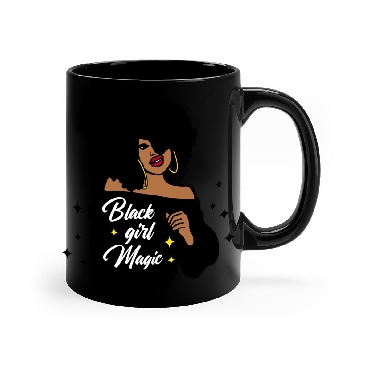 Black Girl Magic 21# Mug featuring a glossy finish, colorful handle, and interior, available in multiple colors and sizes.