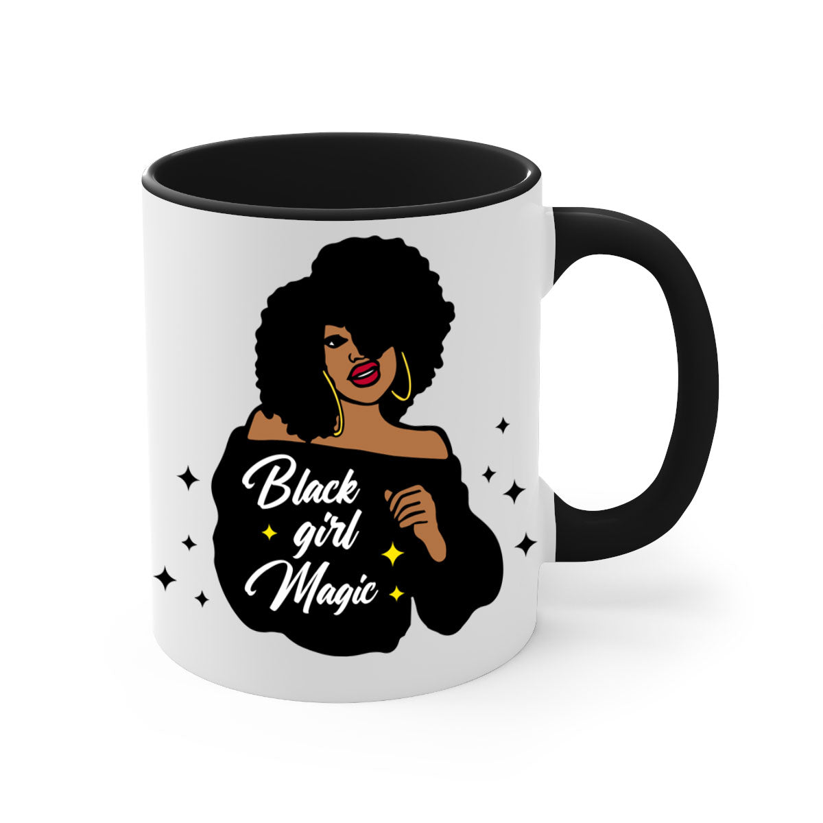 Black Girl Magic 21# Mug featuring a glossy finish, colorful handle, and interior, available in multiple colors and sizes.