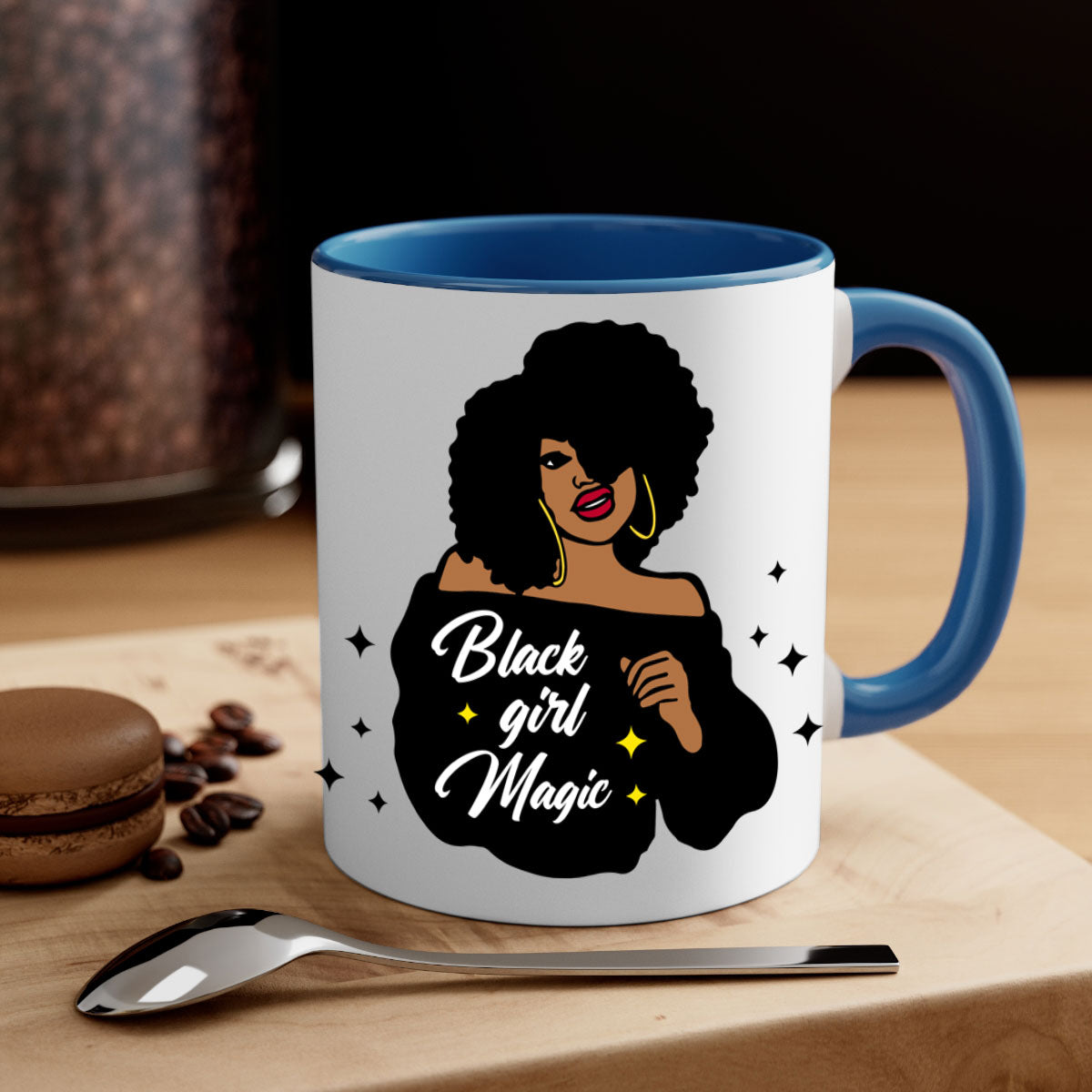 Black Girl Magic 21# Mug featuring a glossy finish, colorful handle, and interior, available in multiple colors and sizes.