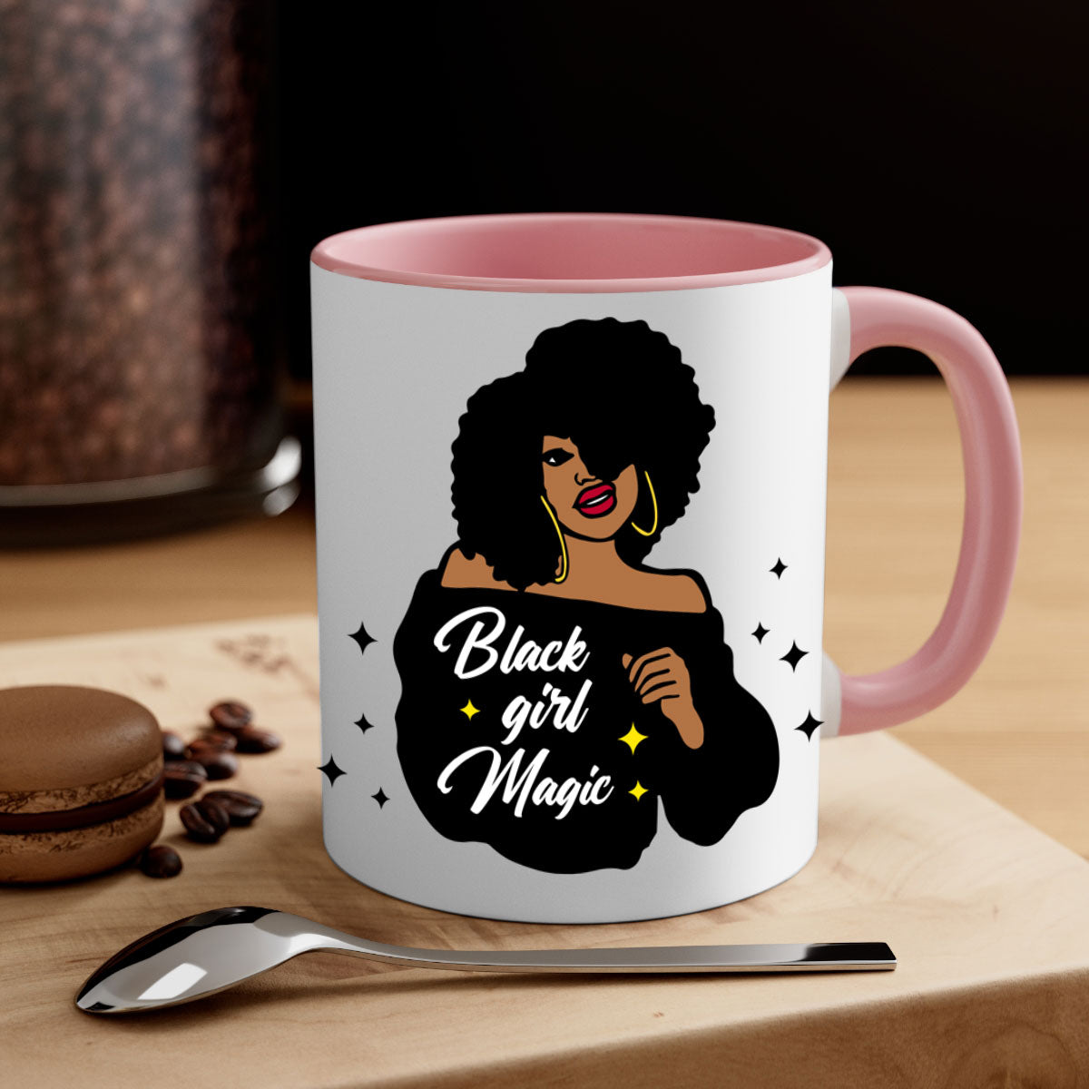Black Girl Magic 21# Mug featuring a glossy finish, colorful handle, and interior, available in multiple colors and sizes.
