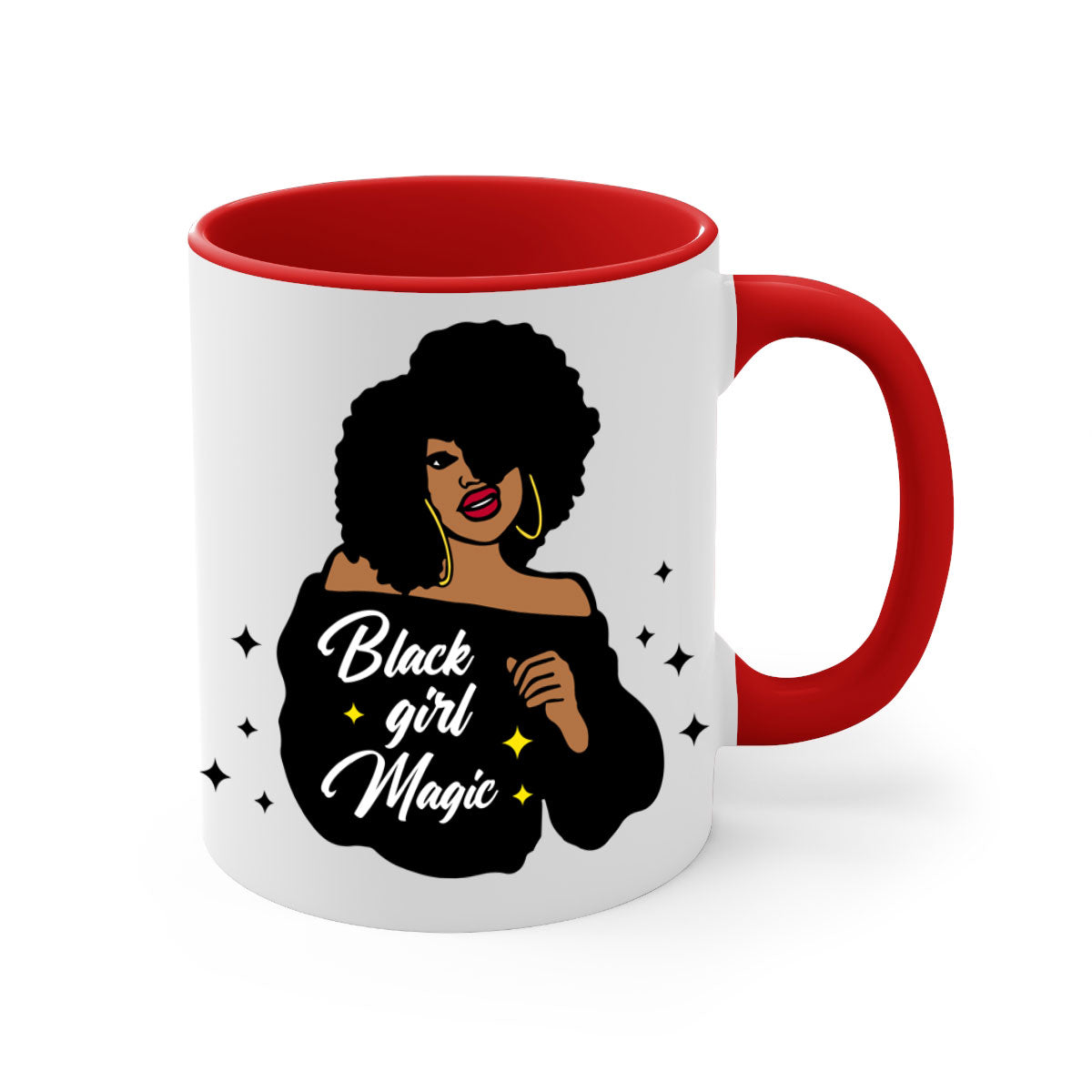 Black Girl Magic 21# Mug featuring a glossy finish, colorful handle, and interior, available in multiple colors and sizes.