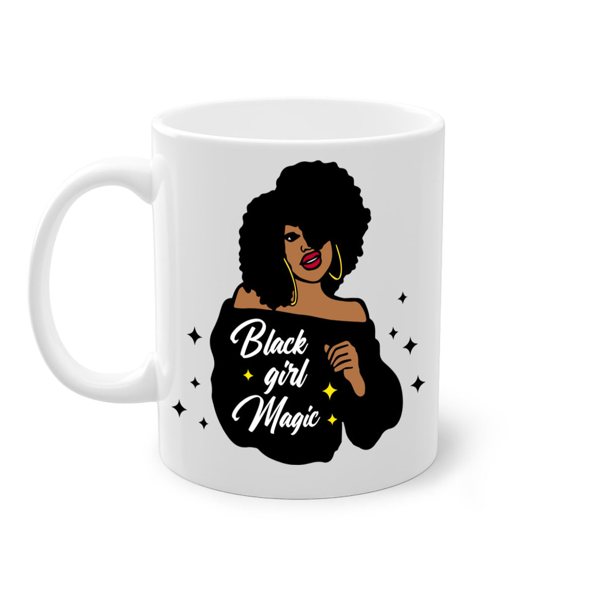 Black Girl Magic 21# Mug featuring a glossy finish, colorful handle, and interior, available in multiple colors and sizes.