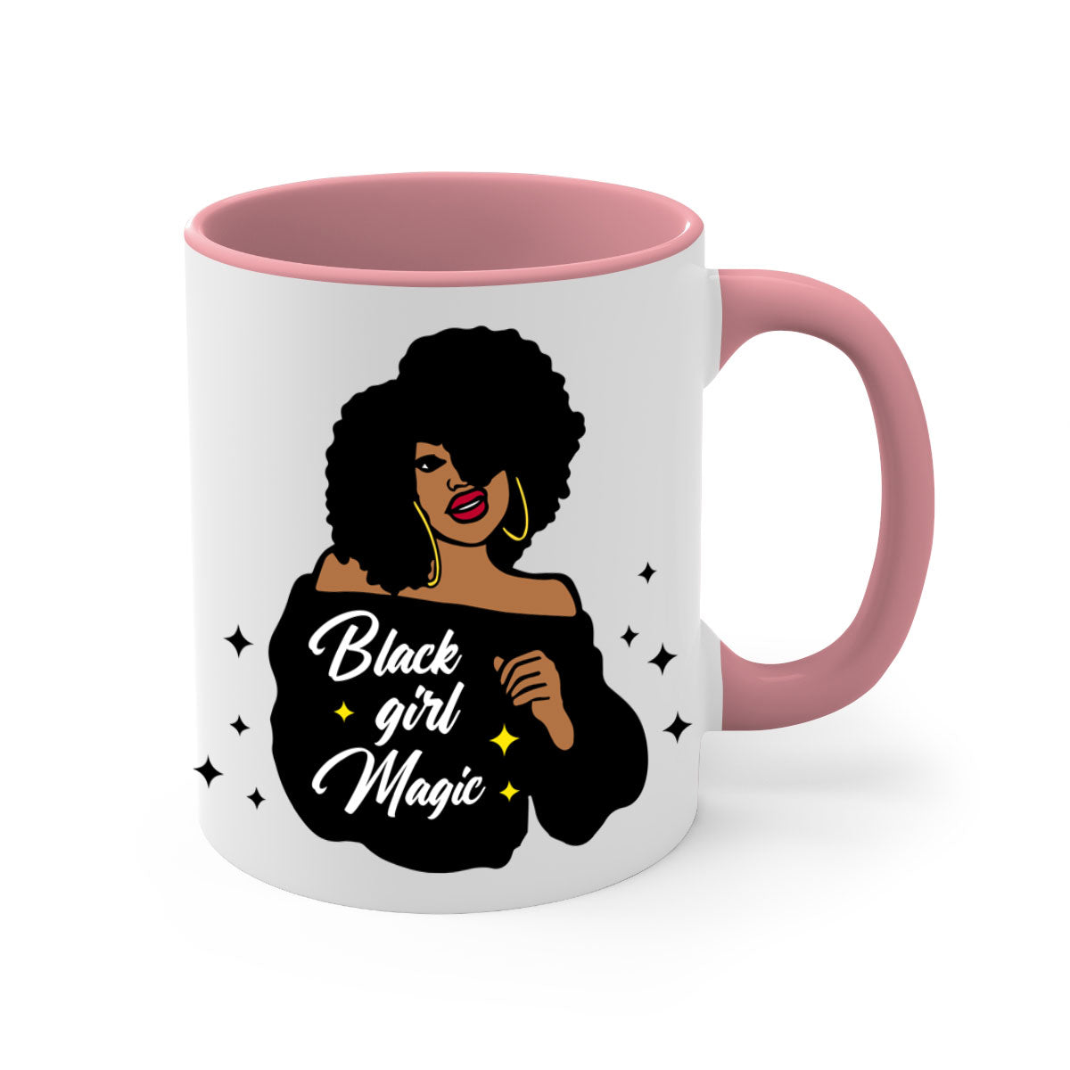 Black Girl Magic 21# Mug featuring a glossy finish, colorful handle, and interior, available in multiple colors and sizes.