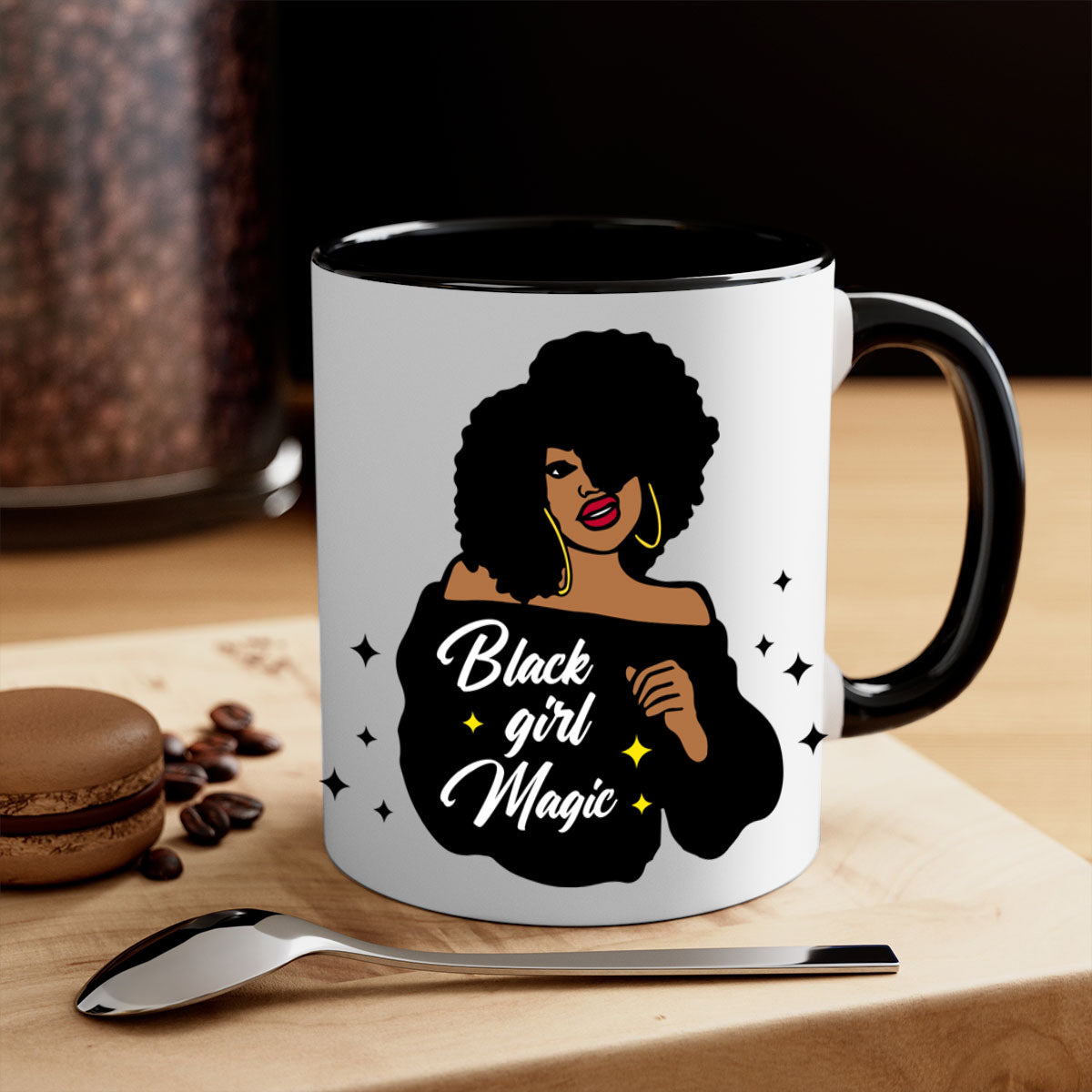 Black Girl Magic 21# Mug featuring a glossy finish, colorful handle, and interior, available in multiple colors and sizes.