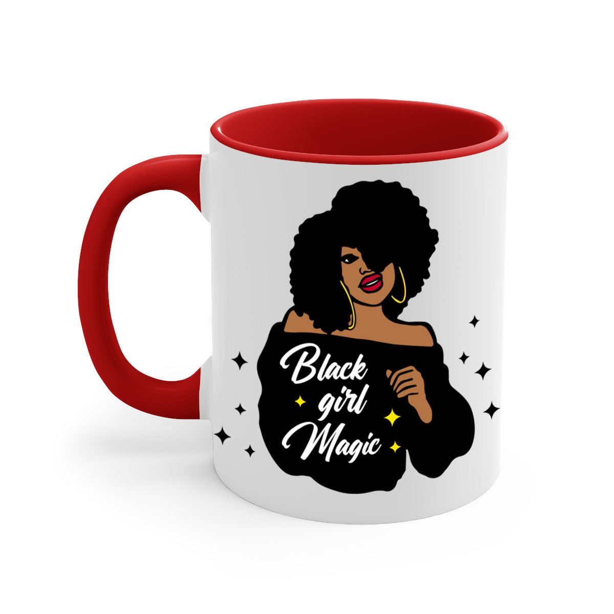 Black Girl Magic 21# Mug featuring a glossy finish, colorful handle, and interior, available in multiple colors and sizes.