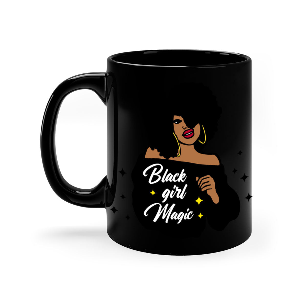 Black Girl Magic 21# Mug featuring a glossy finish, colorful handle, and interior, available in multiple colors and sizes.