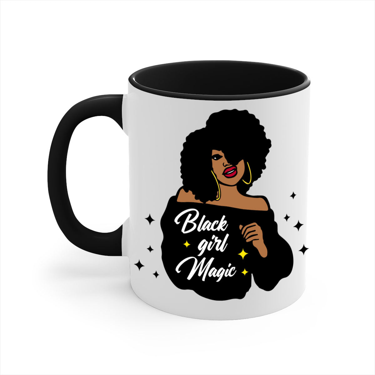 Black Girl Magic 21# Mug featuring a glossy finish, colorful handle, and interior, available in multiple colors and sizes.