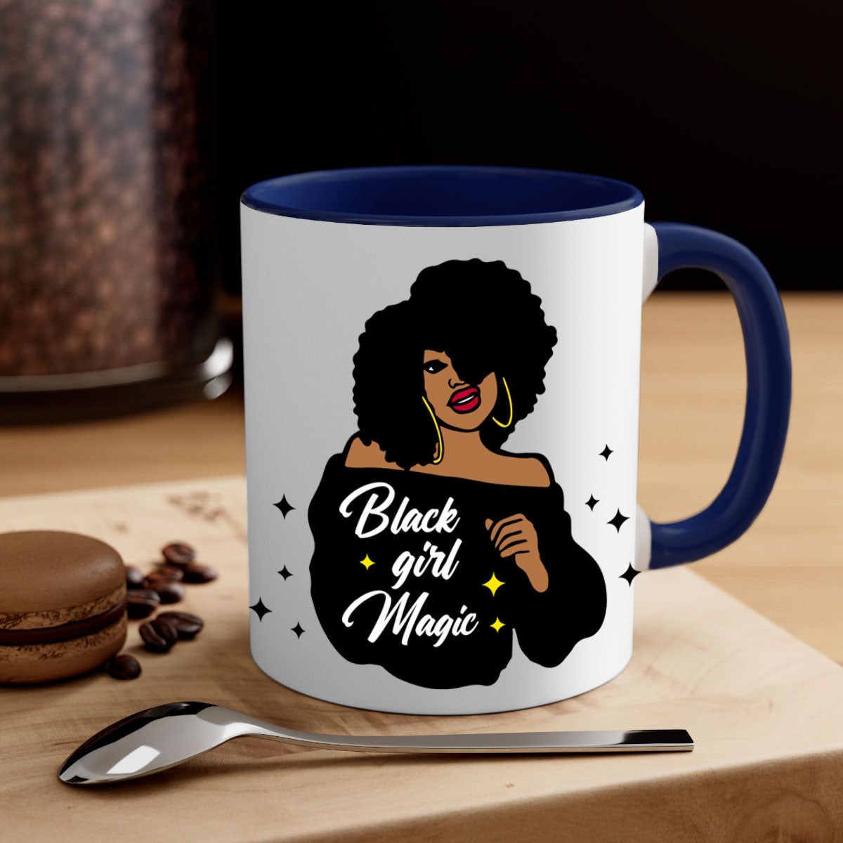 Black Girl Magic 21# Mug featuring a glossy finish, colorful handle, and interior, available in multiple colors and sizes.