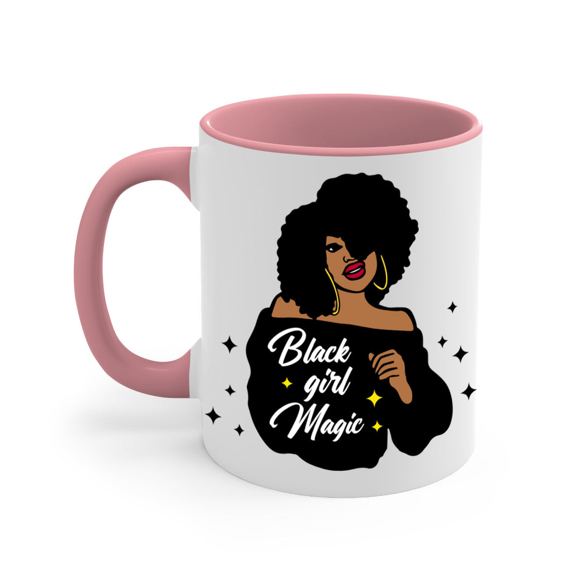 Black Girl Magic 21# Mug featuring a glossy finish, colorful handle, and interior, available in multiple colors and sizes.