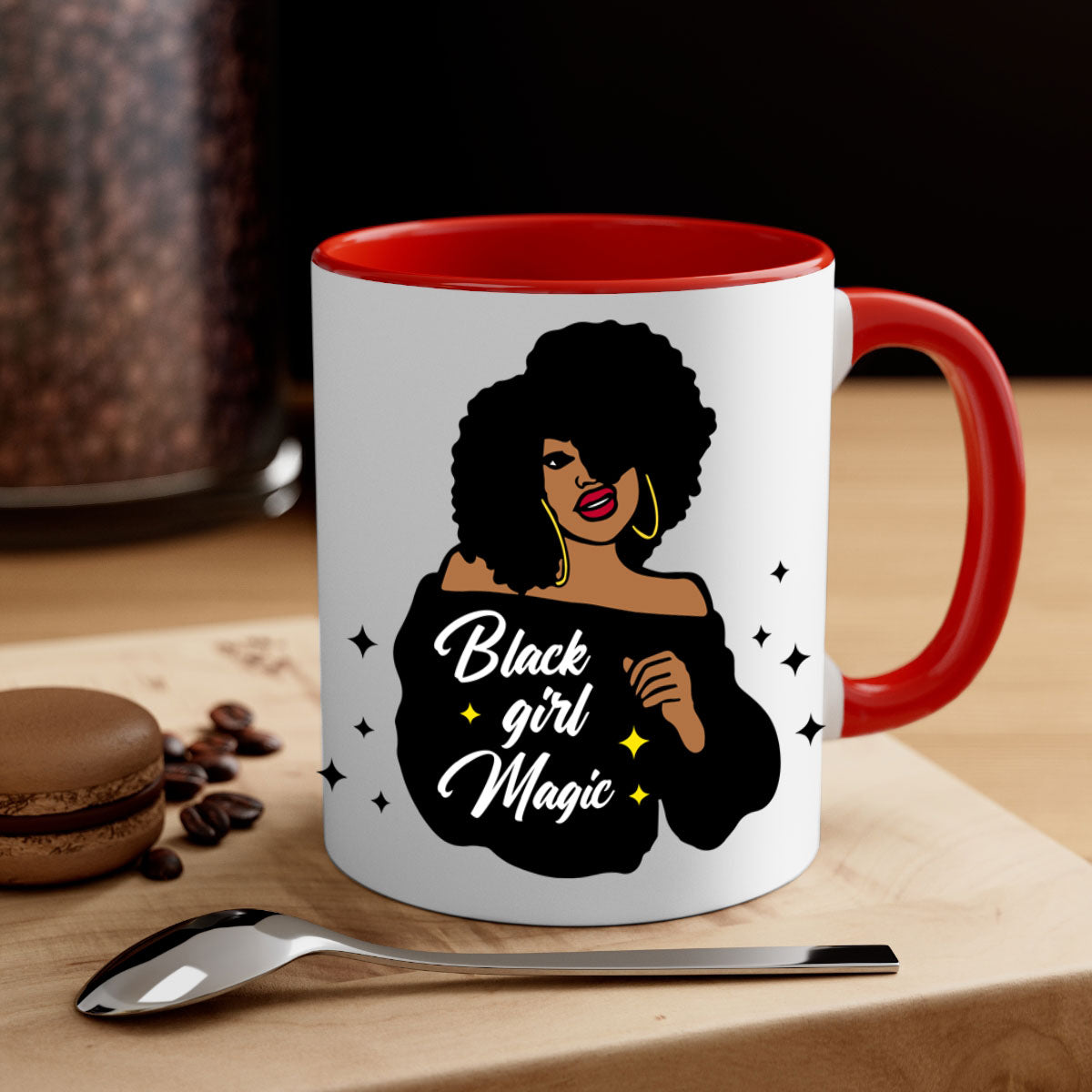 Black Girl Magic 21# Mug featuring a glossy finish, colorful handle, and interior, available in multiple colors and sizes.