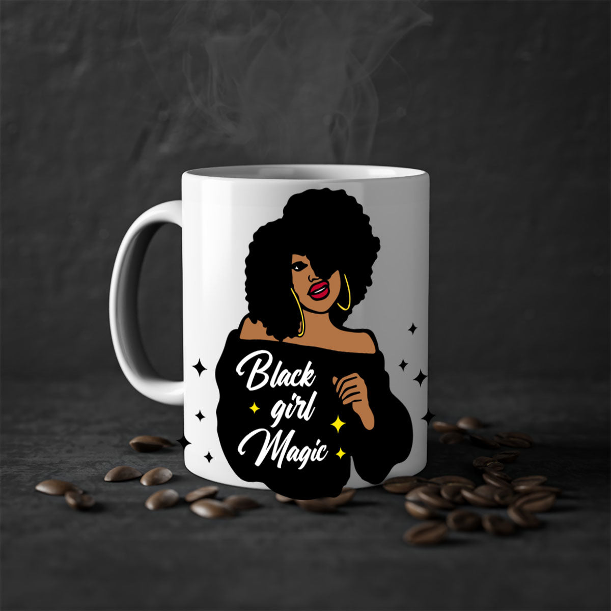 Black Girl Magic 21# Mug featuring a glossy finish, colorful handle, and interior, available in multiple colors and sizes.