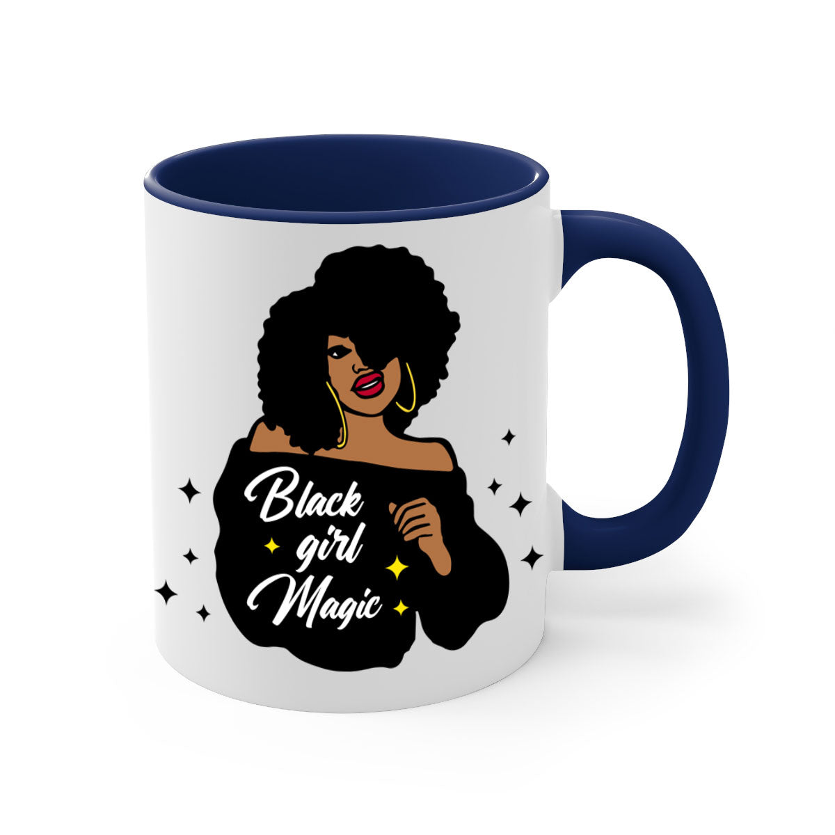 Black Girl Magic 21# Mug featuring a glossy finish, colorful handle, and interior, available in multiple colors and sizes.