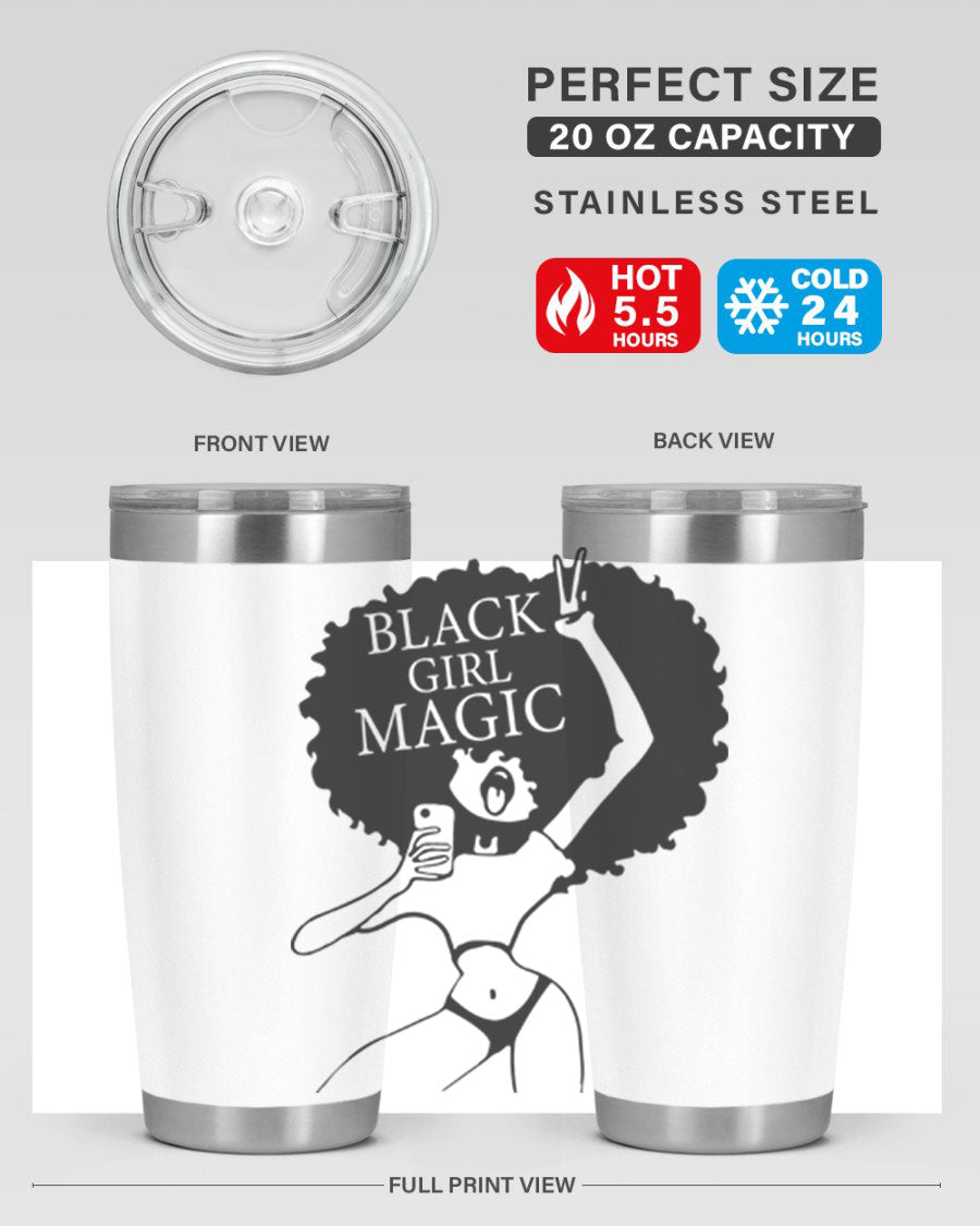 Black Girl Magic 20oz tumbler featuring double wall vacuum stainless steel design with a stylish lid, perfect for hot and cold beverages.