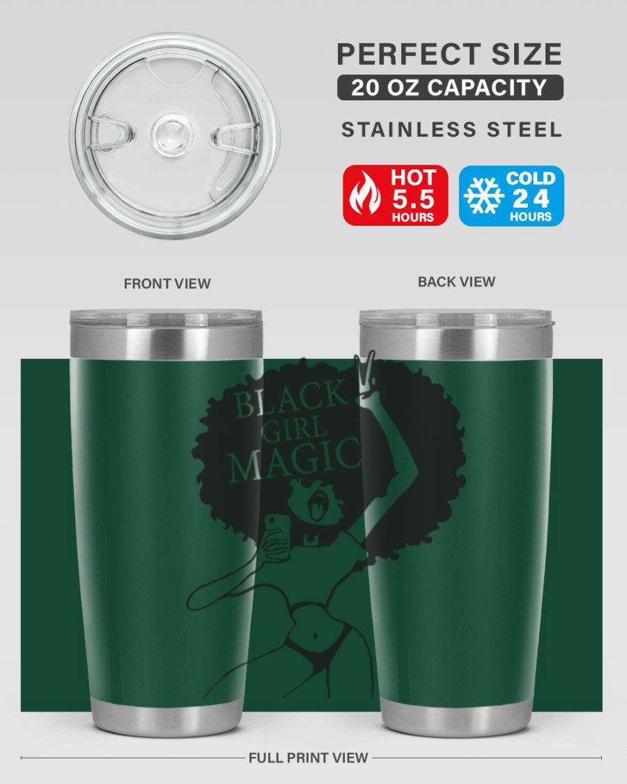 Black Girl Magic 20oz tumbler featuring double wall vacuum stainless steel design with a stylish lid, perfect for hot and cold beverages.