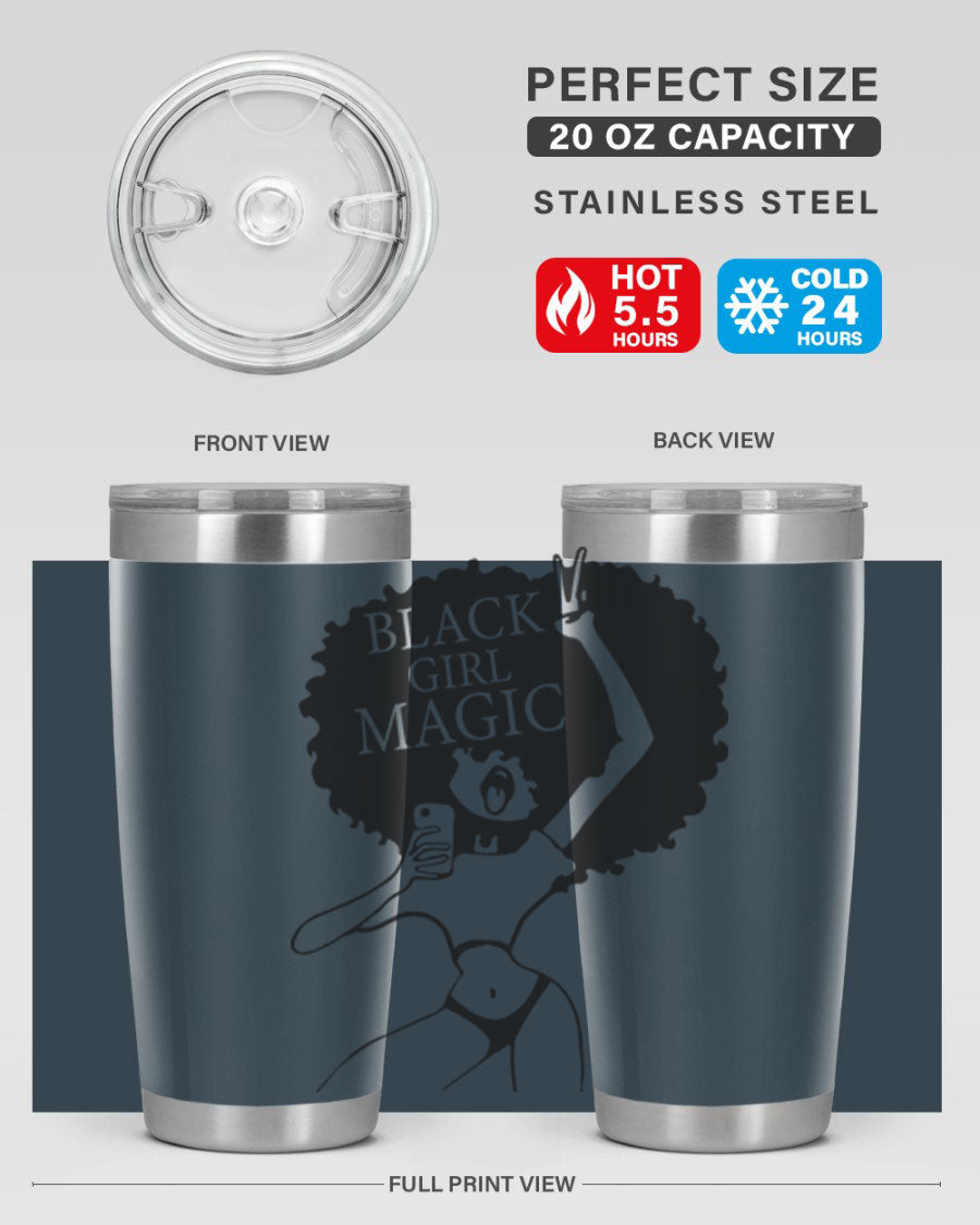 Black Girl Magic 20oz tumbler featuring double wall vacuum stainless steel design with a stylish lid, perfect for hot and cold beverages.