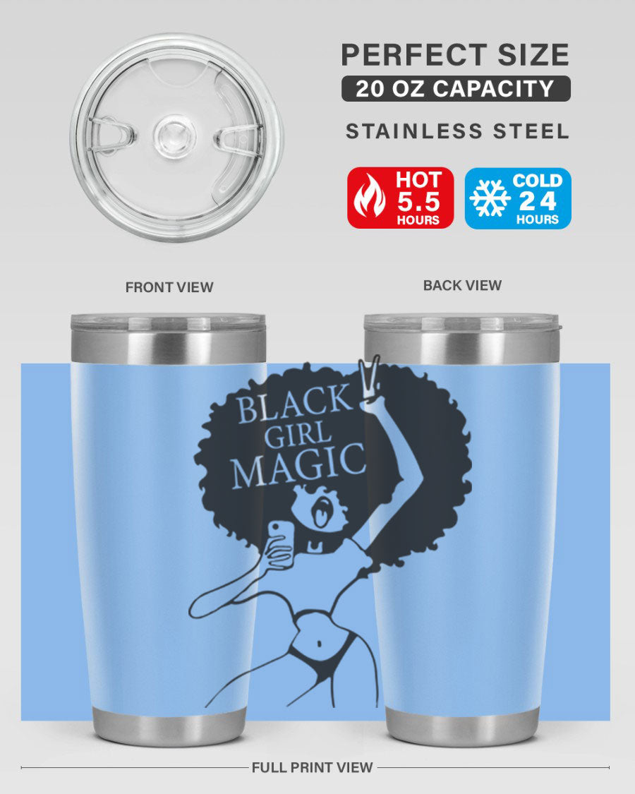 Black Girl Magic 20oz tumbler featuring double wall vacuum stainless steel design with a stylish lid, perfect for hot and cold beverages.