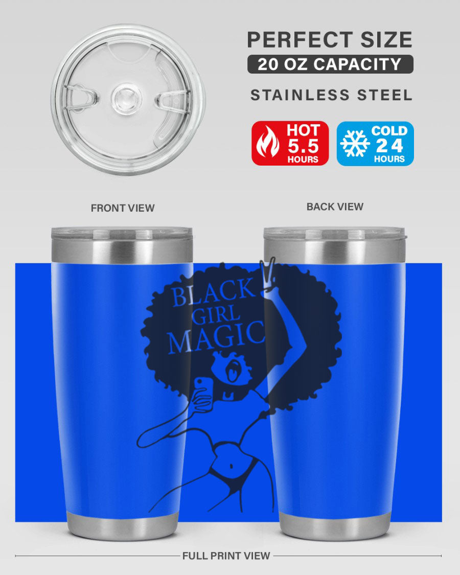 Black Girl Magic 20oz tumbler featuring double wall vacuum stainless steel design with a stylish lid, perfect for hot and cold beverages.