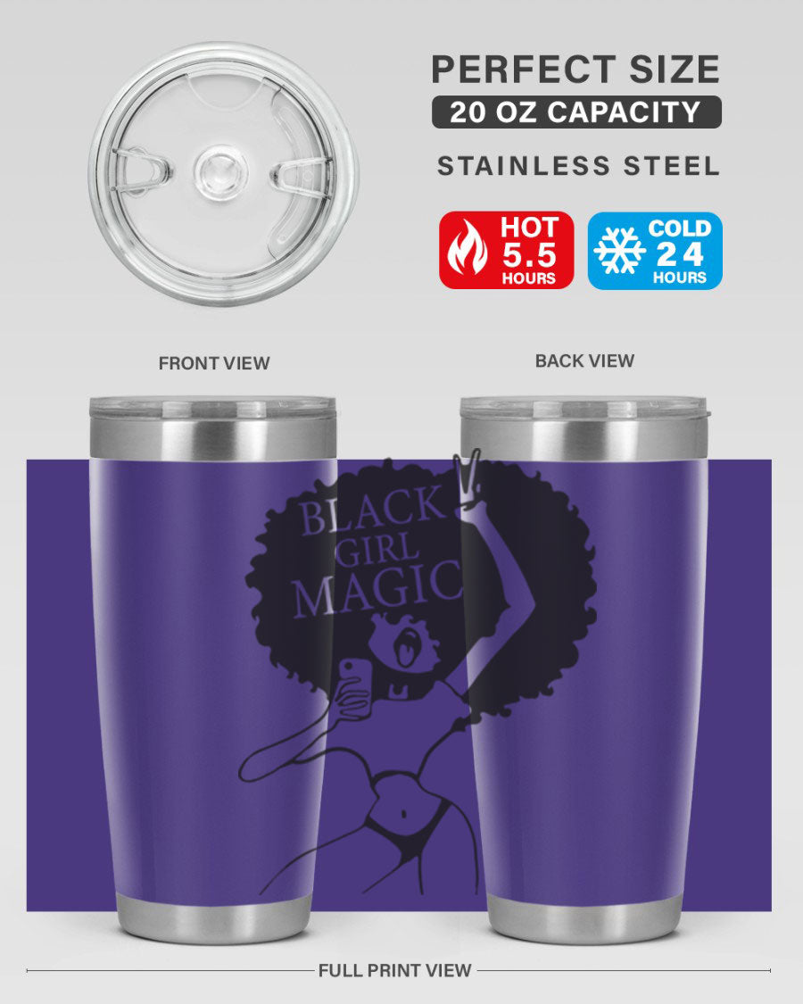 Black Girl Magic 20oz tumbler featuring double wall vacuum stainless steel design with a stylish lid, perfect for hot and cold beverages.