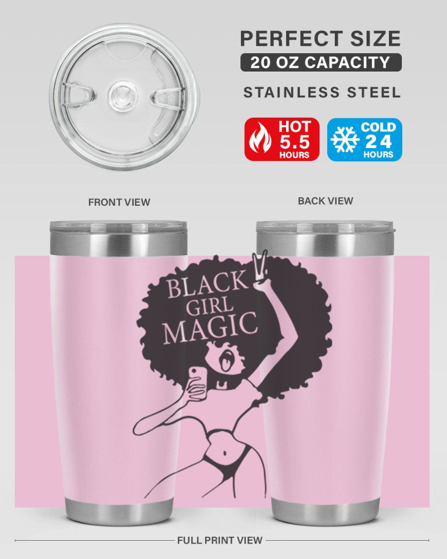 Black Girl Magic 20oz tumbler featuring double wall vacuum stainless steel design with a stylish lid, perfect for hot and cold beverages.