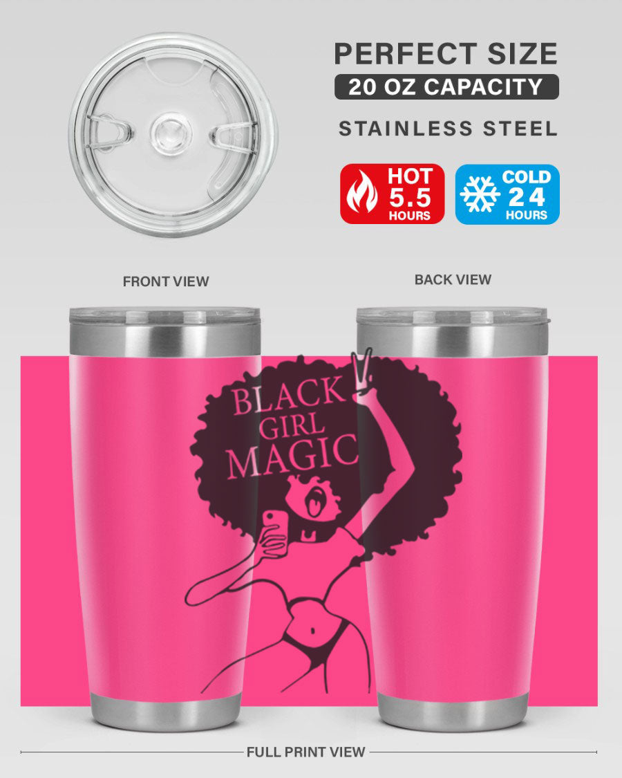 Black Girl Magic 20oz tumbler featuring double wall vacuum stainless steel design with a stylish lid, perfect for hot and cold beverages.