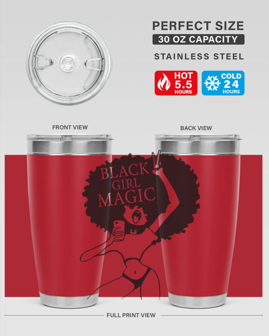 Black Girl Magic 20oz tumbler featuring double wall vacuum stainless steel design with a stylish lid, perfect for hot and cold beverages.