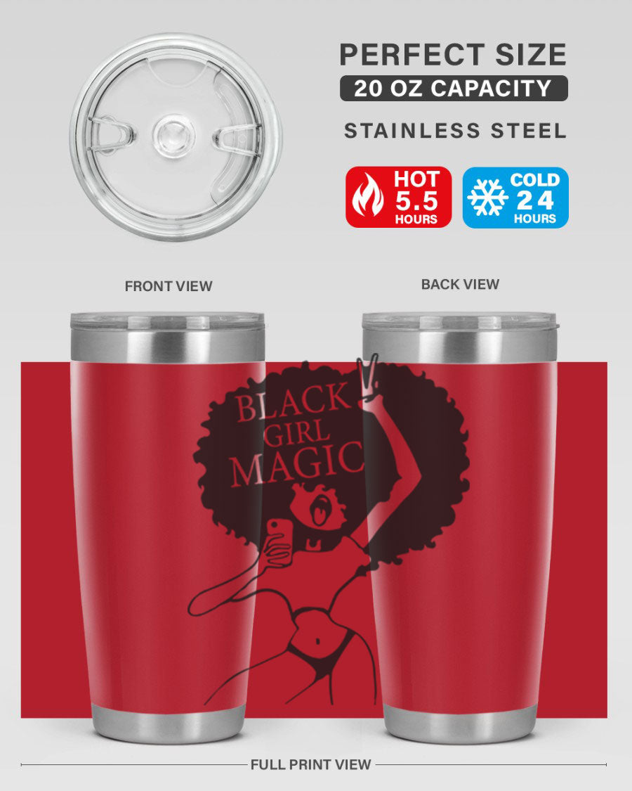 Black Girl Magic 20oz tumbler featuring double wall vacuum stainless steel design with a stylish lid, perfect for hot and cold beverages.