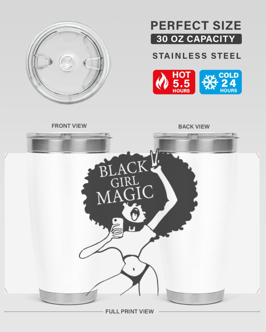 Black Girl Magic 20oz tumbler featuring double wall vacuum stainless steel design with a stylish lid, perfect for hot and cold beverages.