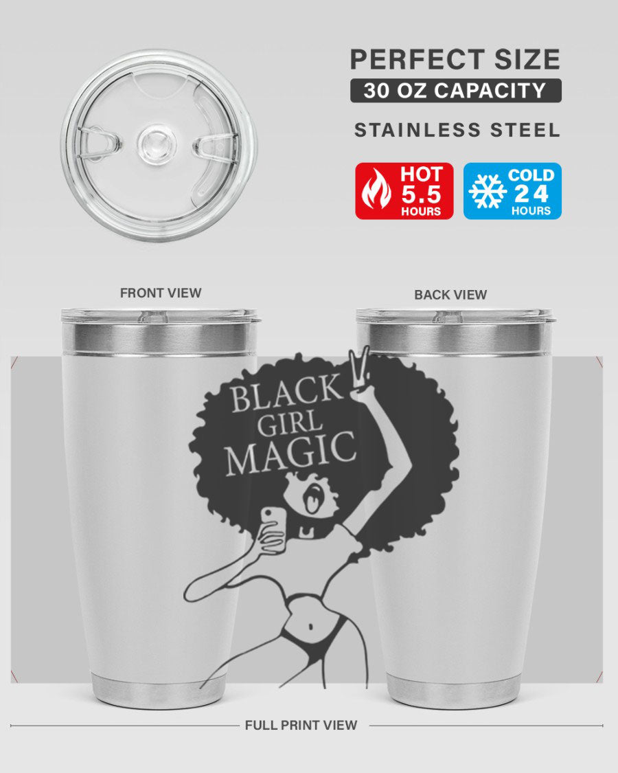 Black Girl Magic 20oz tumbler featuring double wall vacuum stainless steel design with a stylish lid, perfect for hot and cold beverages.