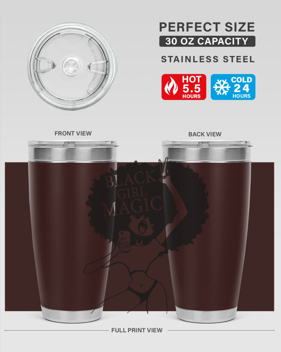 Black Girl Magic 20oz tumbler featuring double wall vacuum stainless steel design with a stylish lid, perfect for hot and cold beverages.