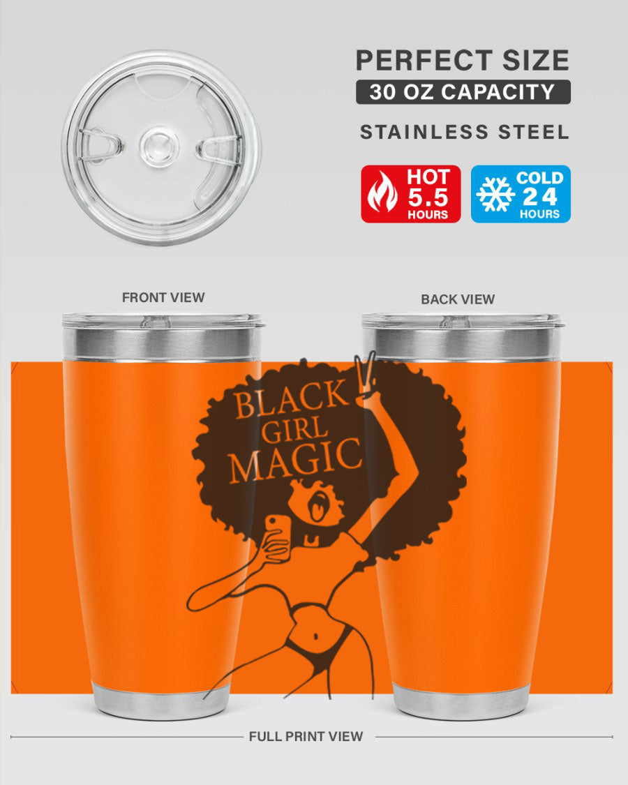 Black Girl Magic 20oz tumbler featuring double wall vacuum stainless steel design with a stylish lid, perfect for hot and cold beverages.