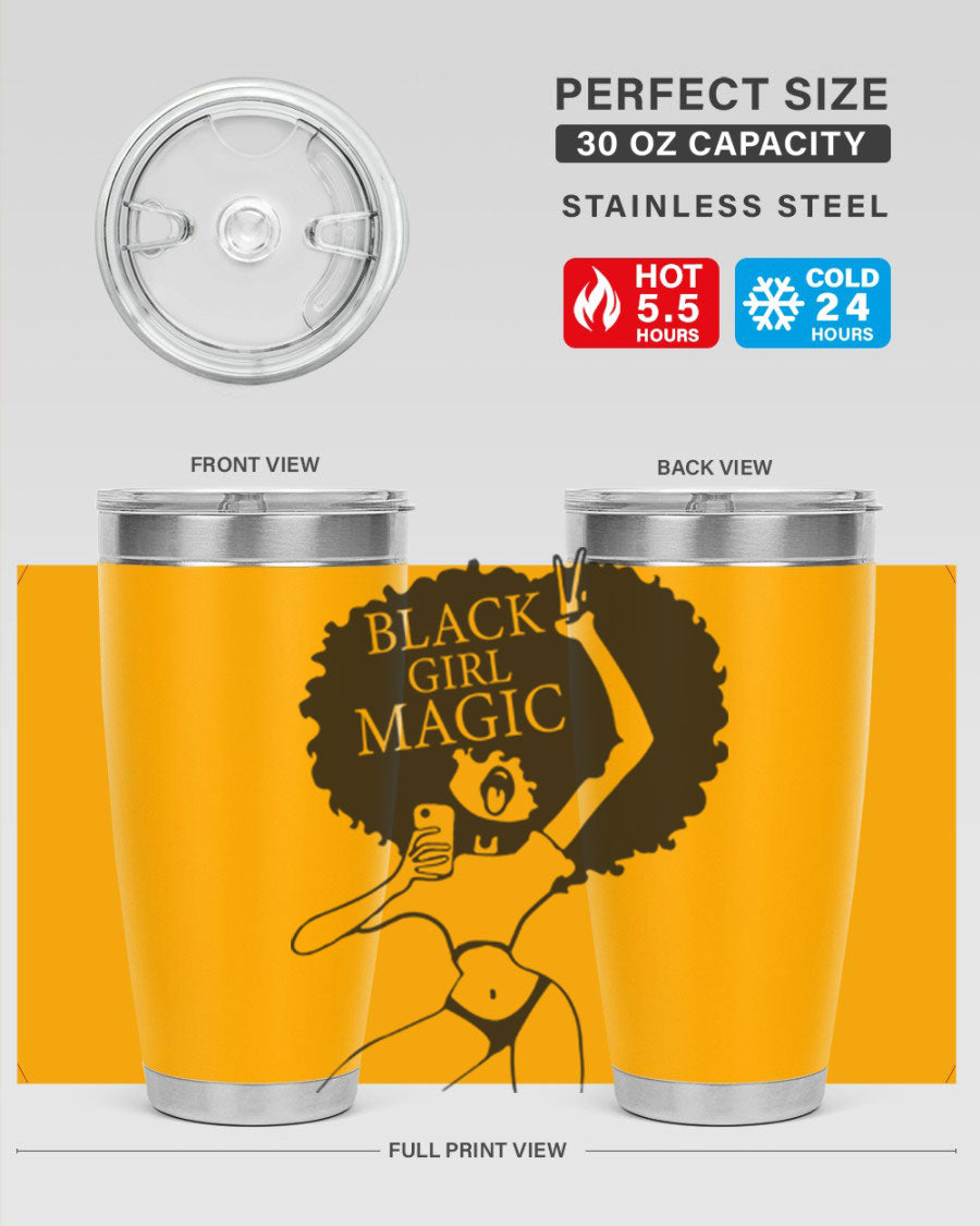 Black Girl Magic 20oz tumbler featuring double wall vacuum stainless steel design with a stylish lid, perfect for hot and cold beverages.