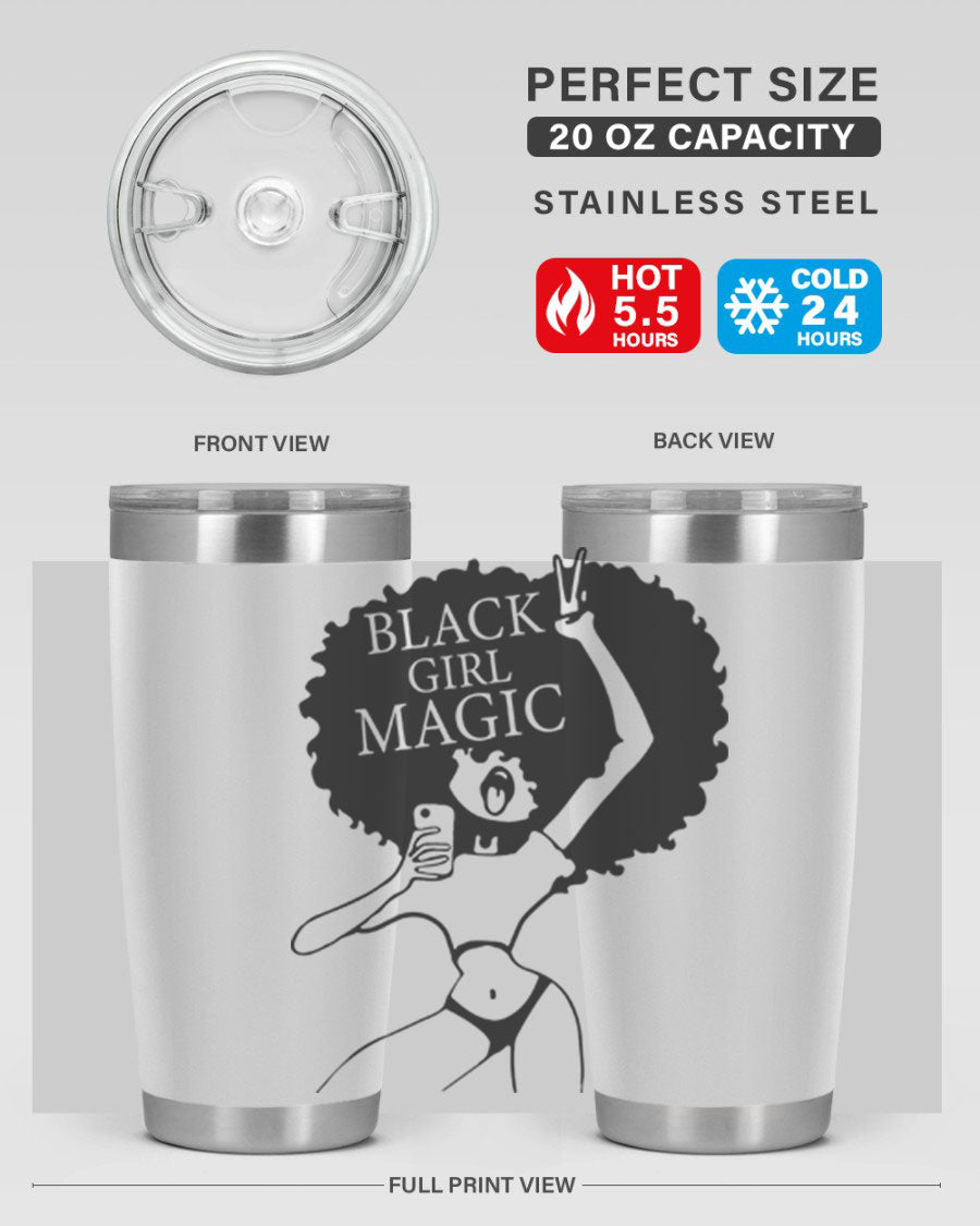 Black Girl Magic 20oz tumbler featuring double wall vacuum stainless steel design with a stylish lid, perfect for hot and cold beverages.