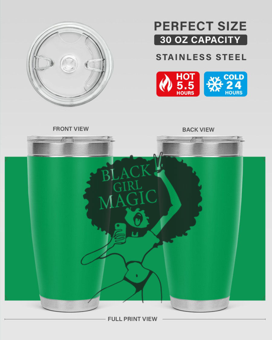 Black Girl Magic 20oz tumbler featuring double wall vacuum stainless steel design with a stylish lid, perfect for hot and cold beverages.
