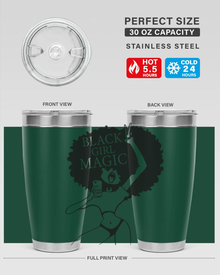 Black Girl Magic 20oz tumbler featuring double wall vacuum stainless steel design with a stylish lid, perfect for hot and cold beverages.