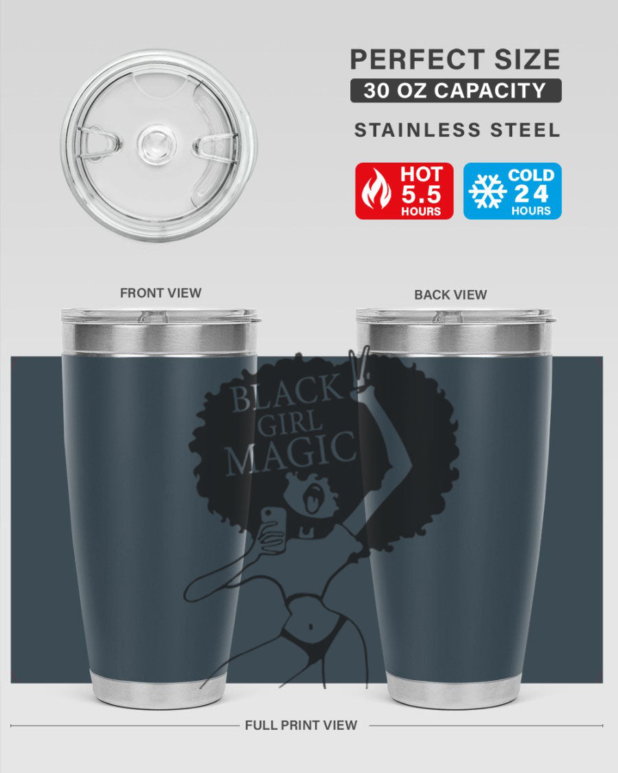 Black Girl Magic 20oz tumbler featuring double wall vacuum stainless steel design with a stylish lid, perfect for hot and cold beverages.