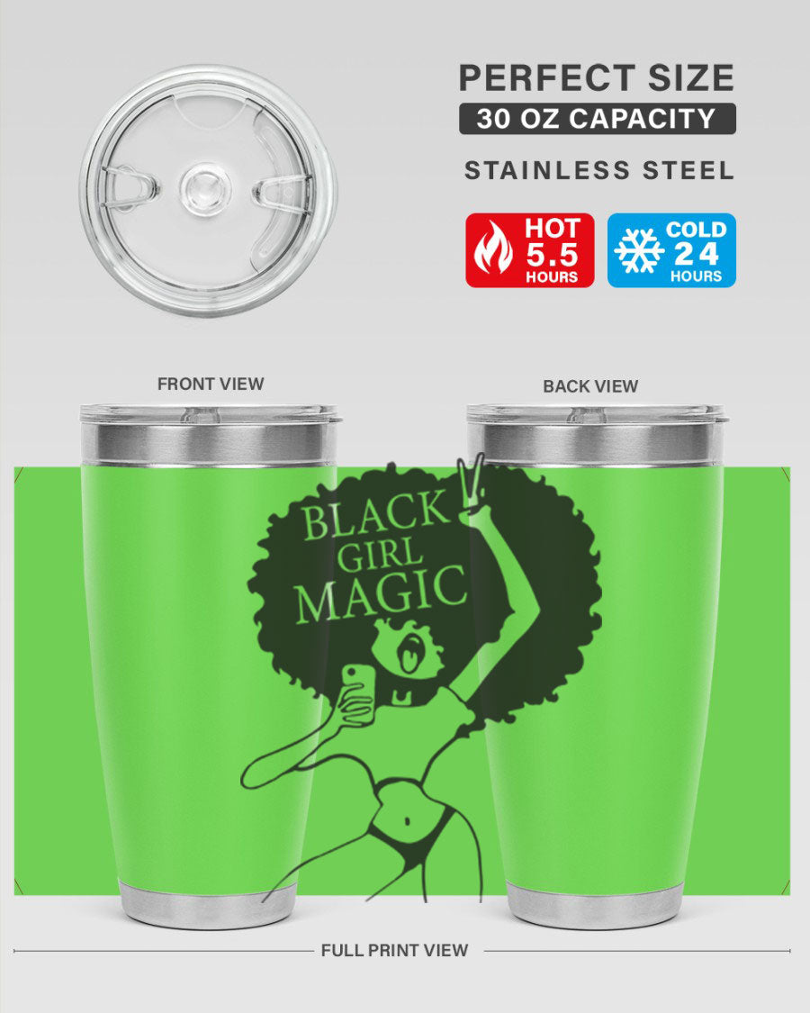 Black Girl Magic 20oz tumbler featuring double wall vacuum stainless steel design with a stylish lid, perfect for hot and cold beverages.