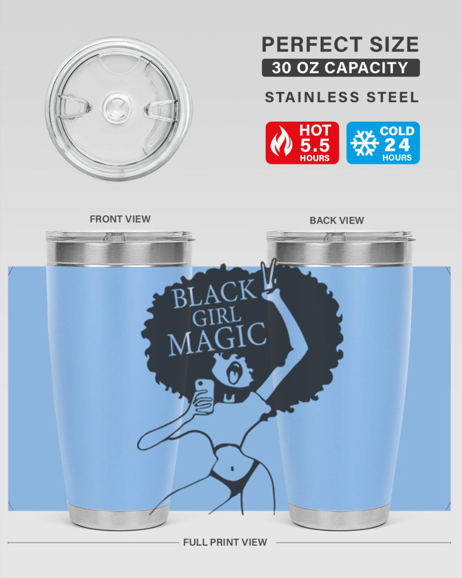Black Girl Magic 20oz tumbler featuring double wall vacuum stainless steel design with a stylish lid, perfect for hot and cold beverages.